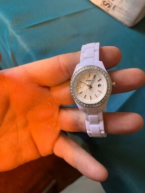 Fossil Women ES2437 Pave Date White Ceramic Quartz Watch
